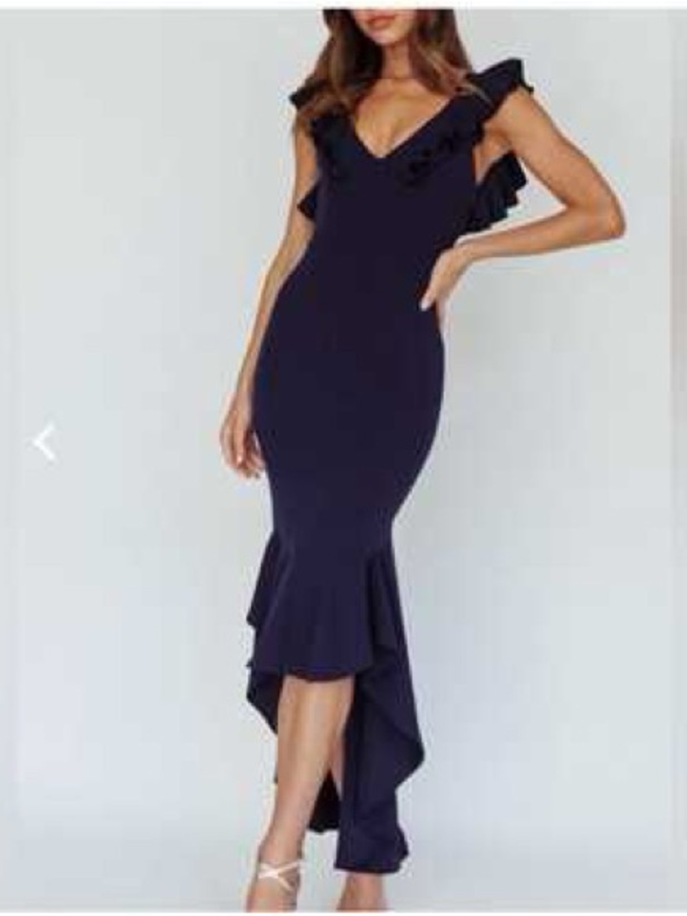 HERE COMES THE SUN /Elegant Navy Ruffle-Trim Mermaid Dress/ size M / PTP-17”